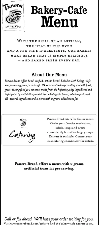 Panera Bread Bakery Menu