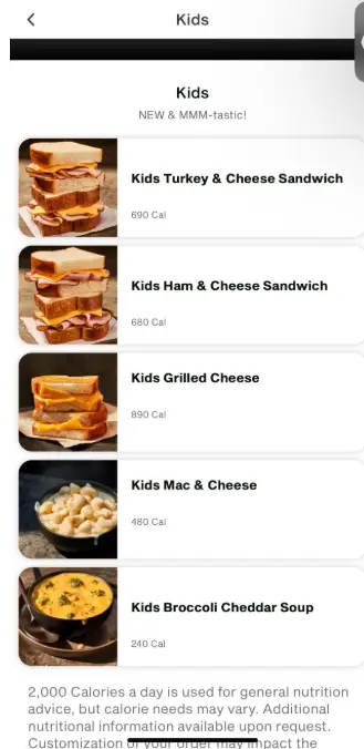 Panera Bread Kids Menu